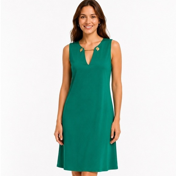 Calvin Klein Dresses & Skirts - Calvin‎ Klein Shift Dress Womens 6 Green Gold Chain Detail Sleeveless V-Neckline